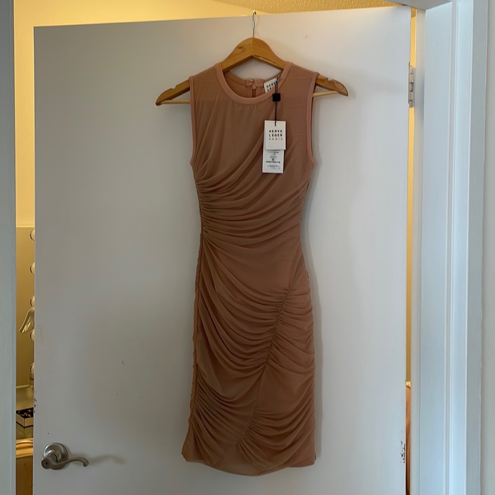 Herve Leger Paris Asymmetric Draped Jersey Dress Coriander XS
